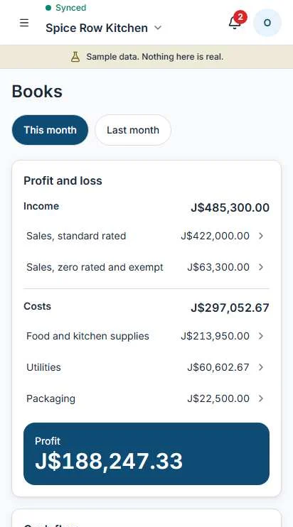 The books screen in Operate showing profit and loss for the month, for a sample business.