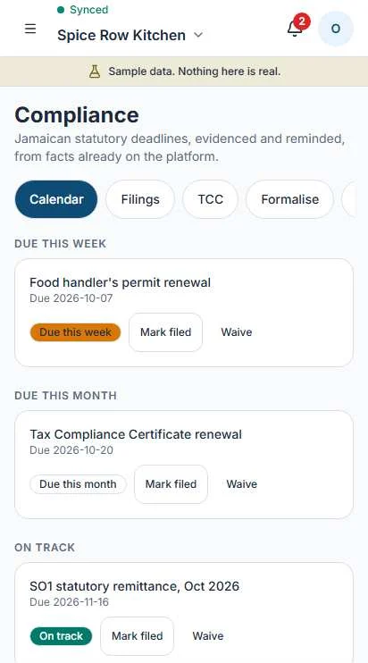 The Compliance screen in Operate showing a calendar grouped into due this week, due this month and on track, each deadline with Mark filed and Waive buttons.