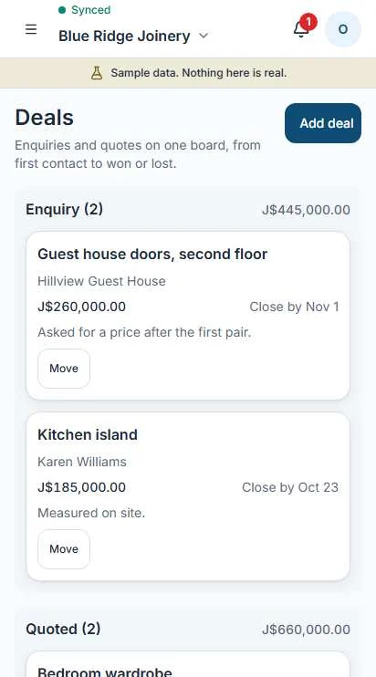 The Deals screen in Operate for a joinery: an Enquiry column with two deals, a guest house doors job and a kitchen island, each with a value, a close-by date and a Move button.