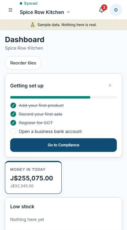 The Operate dashboard on a phone, showing today's sales, cash and what is coming up.