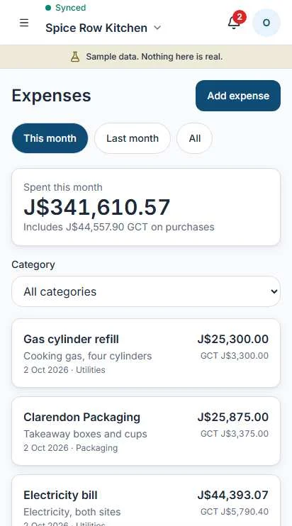 Operate expenses screen with a receipt photo and suggested fields waiting for confirmation, sample data