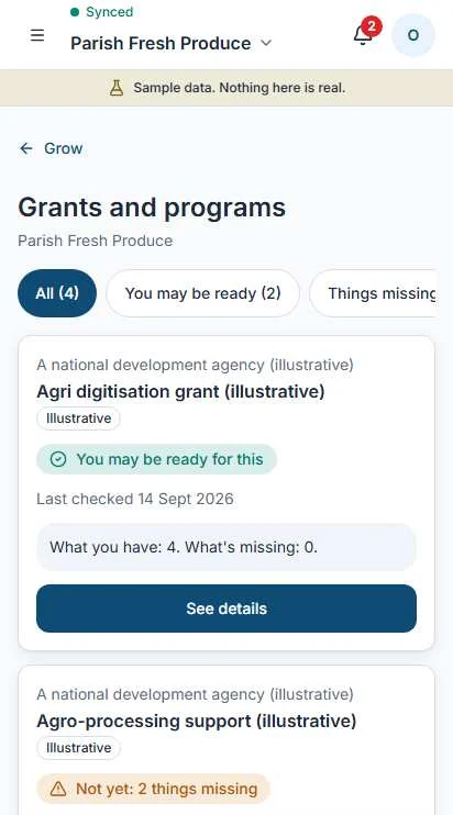 Grants and programs screen with filter tabs and program cards, one marked You may be ready for this and one marked Not yet: 2 things missing, each with a last checked date.