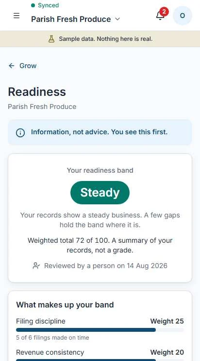 The Grow readiness screen in Operate showing a readiness band and what to do next.