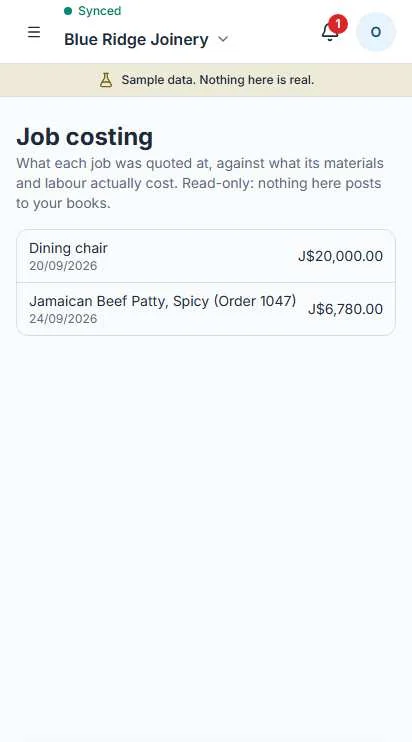 Job costing on a phone: materials and hours added up against a job.