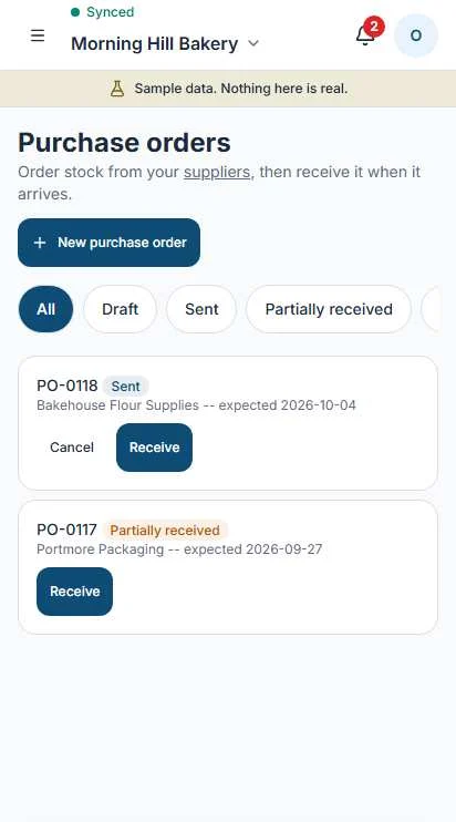 A purchase order being received in Operate, with quantities and supplier.