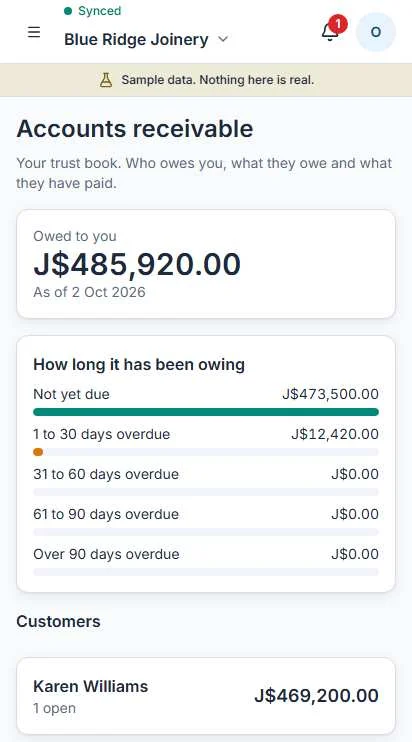 Operate receivables screen showing who owes money and for how long, sample data