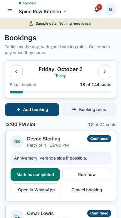 The Bookings screen in Operate for a restaurant: 18 of 144 seats booked today, a 12:00 slot with a party of four and buttons to mark completed, no-show or cancel.