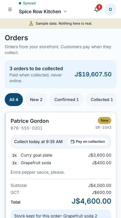 The Orders screen in Operate: three orders to be collected, filter tabs, and an order for a curry goat plate and grapefruit soda marked Pay on collection.