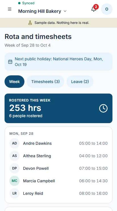 Operate rota showing a week grid of shifts for each staff member, sample data