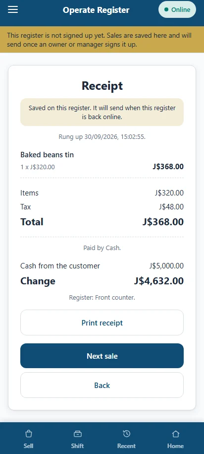 Operate Register on a phone showing a completed sale with the total, the tender used and options to send the receipt.
