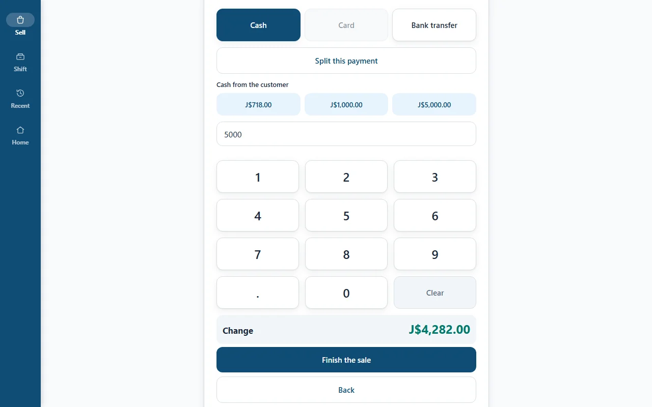 Operate Register on a tablet showing the take payment screen with tender choices and the amount due.